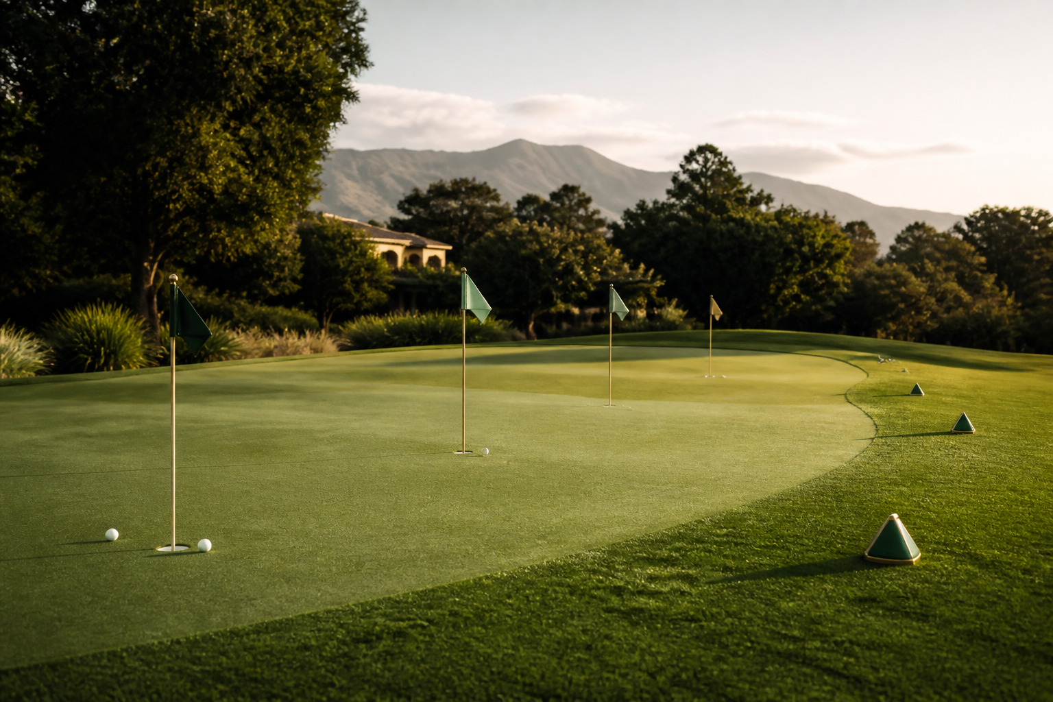 Green de golf con cuatro banderas de práctica
